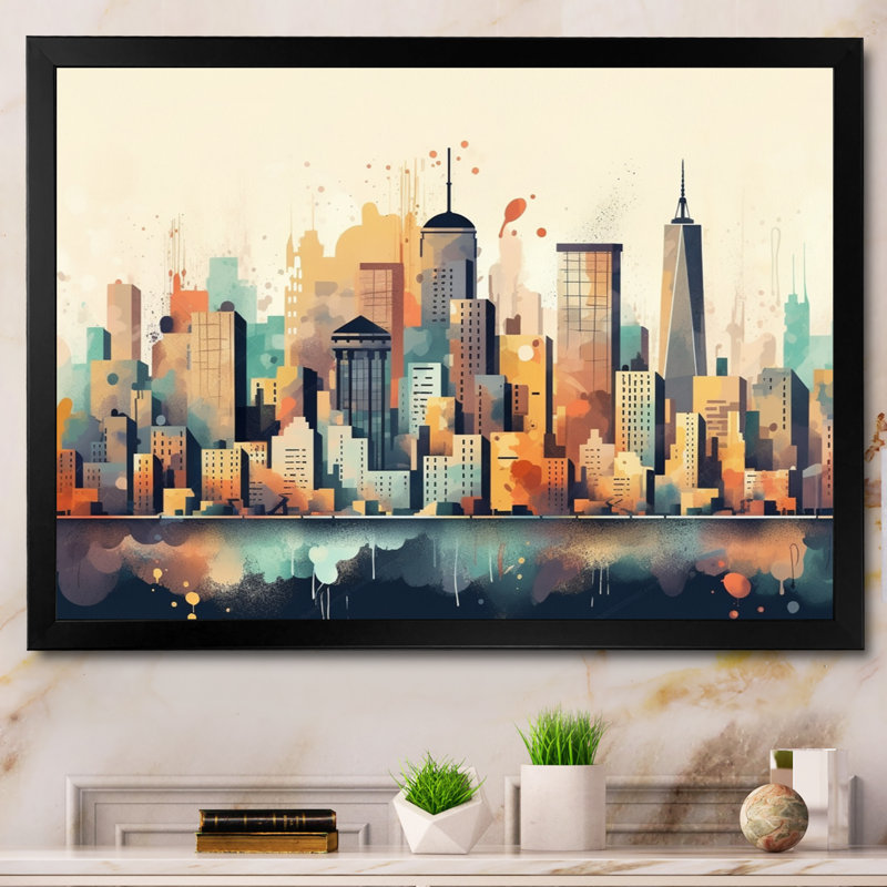 Colorful City Skyline2 - salon d'art mural urbain, H 24 po x l 32 po x P 1 po, Impression noire sur toile encadrée