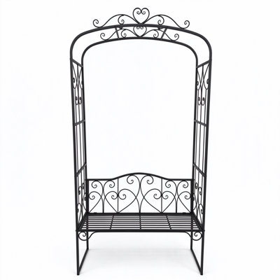 Wrought Iron Garden Arbour with Bench, Heart & Bird Scrollwork Metal Garden Arch Trellis for Climbing Roses, Outdoor Patio Lawn Decor