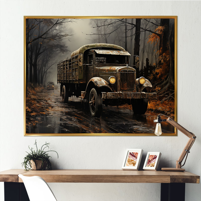 Camion de livraison brun années 30, H 34 po x l 44 po x P 1,5 po, Cadre flottant doré