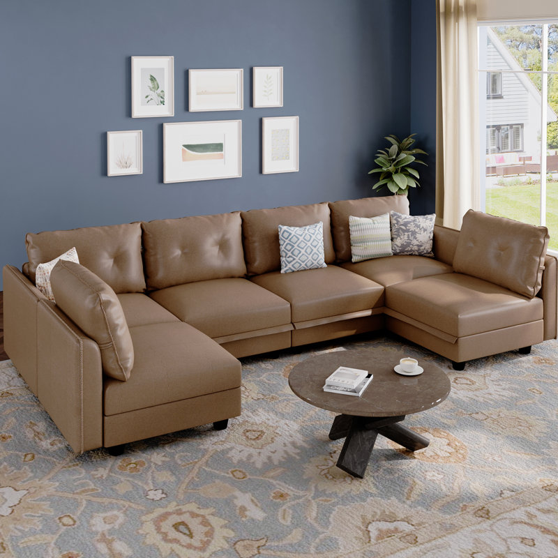 Canapé modulaire en U avec repose-pieds 7 pièces Zendajas, Similicuir brun