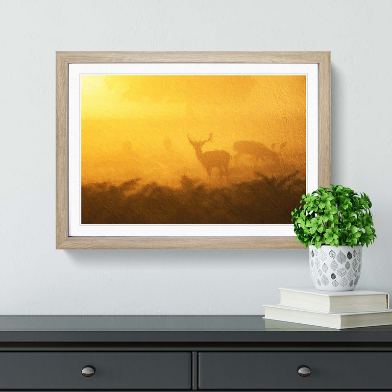 Grazing Stag Deer - Picture Frame Painting Print, Oak Framed, 36cm H x 48cm W x 2cm D