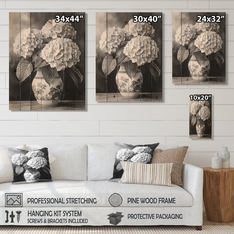 Hydrangea In Monochrome Vase II - Hydrangea Wood Wall Art - On Natural Pine Wood, 40" H x 30" W x 0.78" D