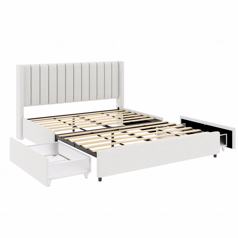 Lit plateforme tapissier grand avec 2 tiroirs, tête de lit capitonnée, support de matelas à lattes en bois, pas de sommier tapissier requis