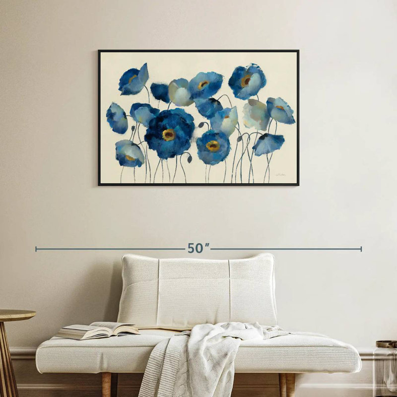 Aigue-marine floral sur crème, Cadre flottant noir, 37 po x 25 po