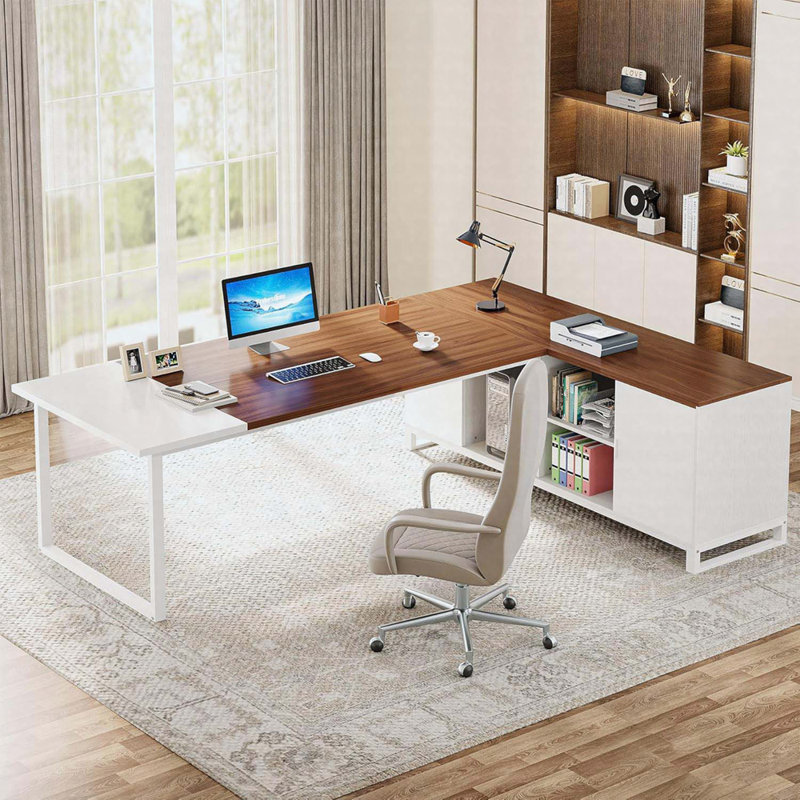 Bureau de direction en L 70,8 po avec classeur, classeur et tablettes 55 po