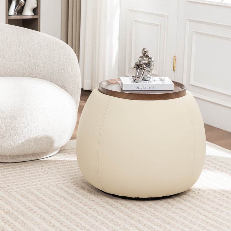 Repose-pieds de rangement rembourré avec plateau en bois Pietsch, Cream