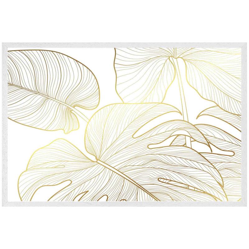 Addis Golden Botanical Line Art - Single Picture Frame Print, 76cm H x 114cm W x 4cm D, White