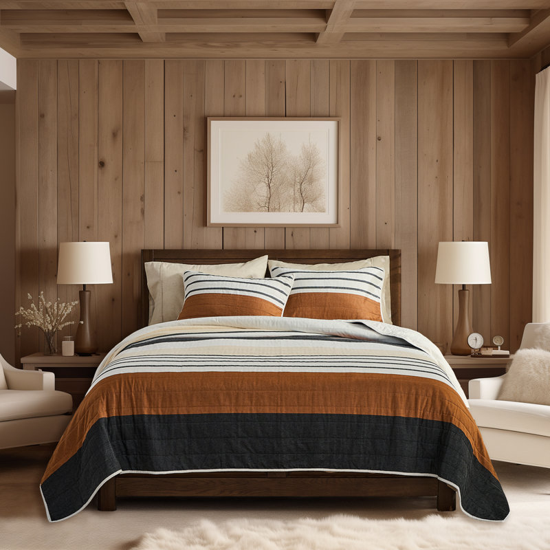Wonderful 100% Cotton Quilt Set Stripe Printed Coverlet For All Season, King Quilt + 2 King Shams, Brown/Black Striped