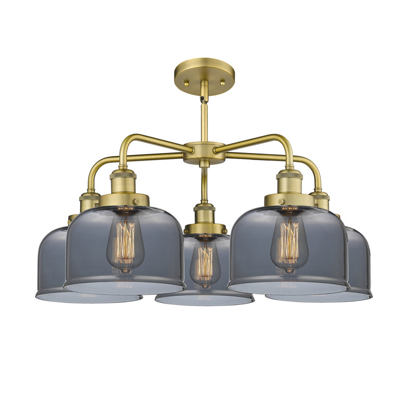 Lustre en verre à 5 lumières Bell, Plaqué couleur fumée, Laiton brossé