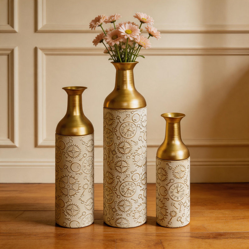 Ensemble de 3 vases cylindriques blancs et dorés antiques, 82 cm, décoration intérieure