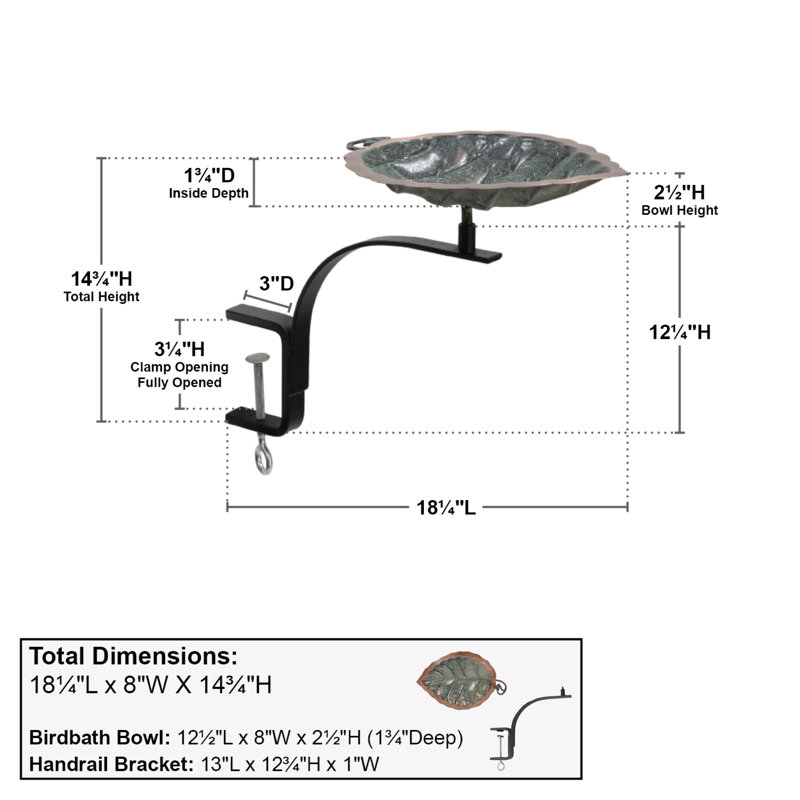 Antique Copper Aspen Leaf Rail-Mounted Birdbath