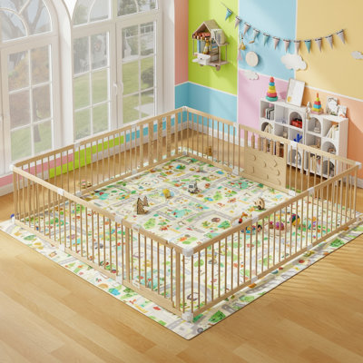 Natural Pine Wood Baby Playpen with Montessori Toys, 12-Panel Wood Play Yard for Toddlers, 96"x96" Large Baby Fence with Safety Lock