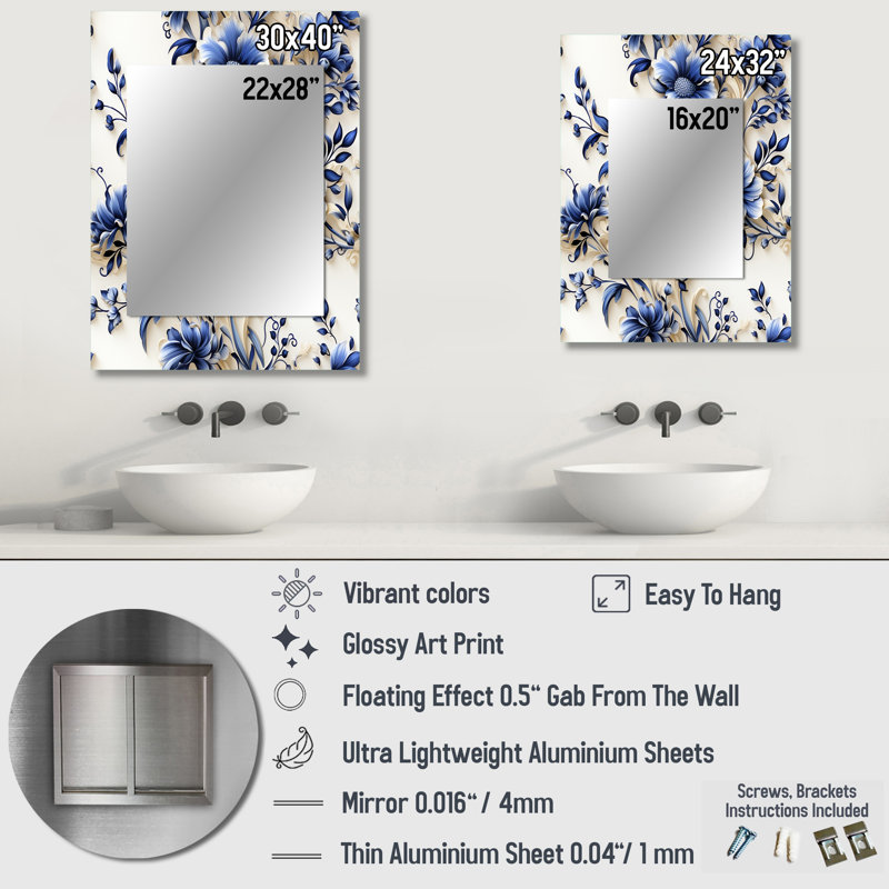 Killian Cobalt Blue Ornamental Friezes Victorian Pattern - Floral Decorative Wall Mirror, Floral Mirror, Printed Metal Art