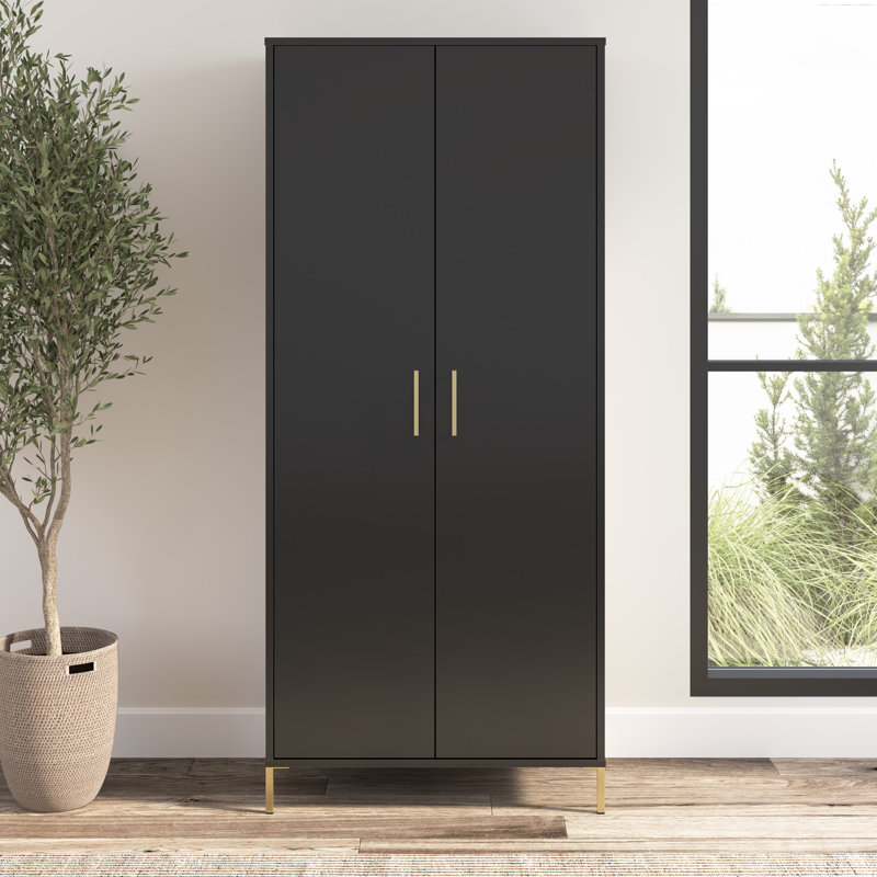Caleshia Tall Bathroom Cabinet with Doors, Black Stipple