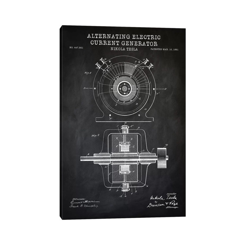 Tesla Alternating Electric Current Generator, Black by PatentPrintStore - Wrapped Canvas Print