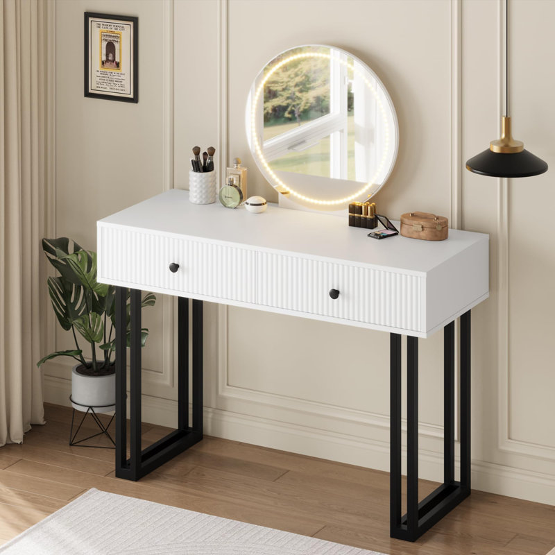 Bureau de coiffeuse avec miroir rond, éclairage réglable, 2 tiroirs, petite table de maquillage pour chambre à coucher et dortoir