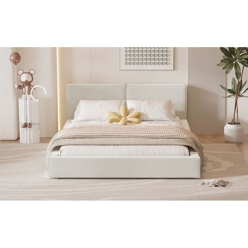 Grand lit plateforme tapissier avec tissu en velours, Beige
