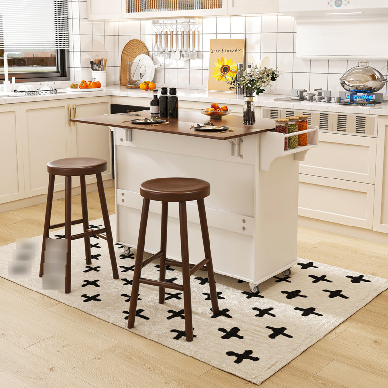 Îlot de cuisine pliable blanc avec abattant et plateau en bois, bar à roulettes mobile sur roulettes, trois tiroirs, armoires dissimulées, tablettes réglables pour utilisation avec abattant rabattable, rangement spacieux