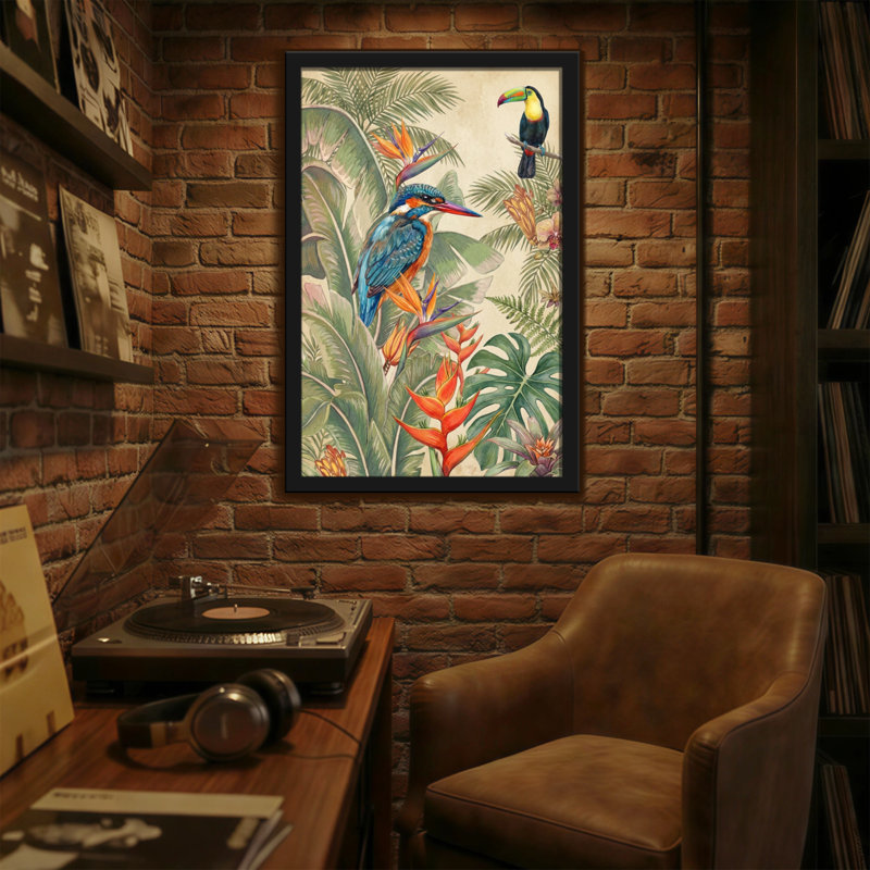 Animaux, oiseaux tropicaux et motif de fleurs exotiques, H 30 po x l 20 po