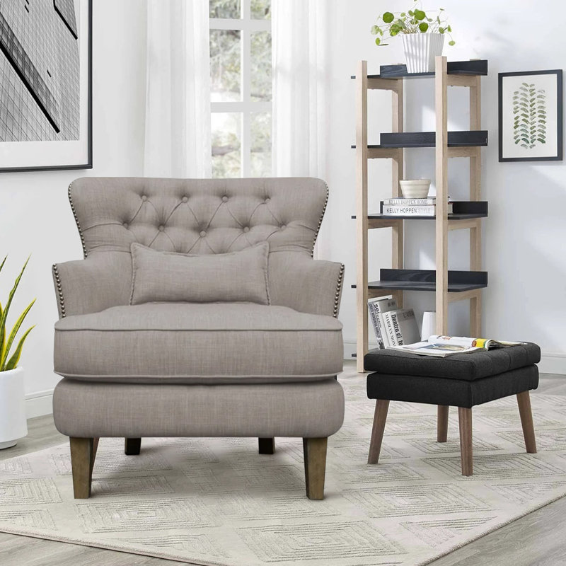 Fauteuil l 32 po capitonné en lin, Gris 100% lin