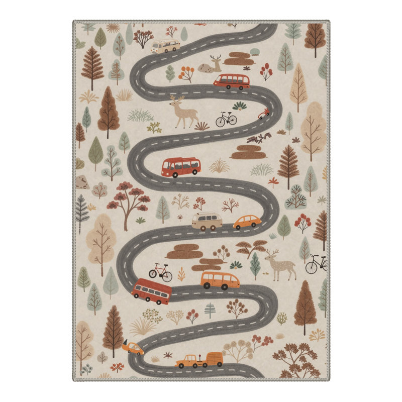 Lullaby Vintage Machine Washable Grey / Beige / Brown Indoor Area Rug with Non-Slip Backing, Round 5'
