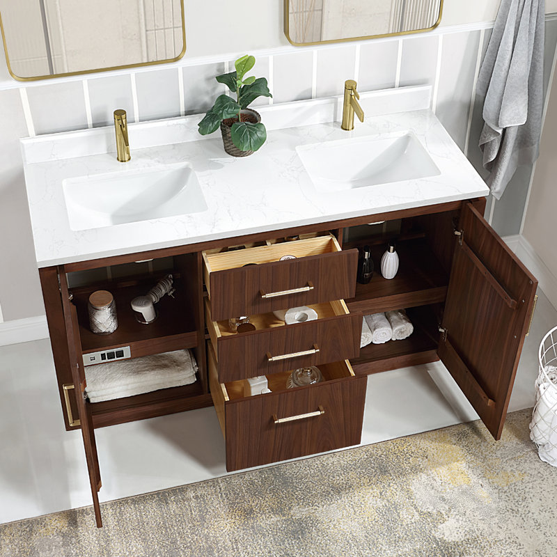 Cloverfield 60'' Double Bathroom Vanity with Cultured Marble Top, Natural Walnut, Gold