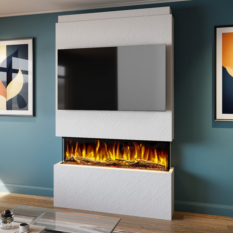 Evolution Fires Pre-Built Media Wall Package 18, finished in textured Venetian Plaster, includes Spectrum Series 44 Series 3-Sided Electric Fireplace