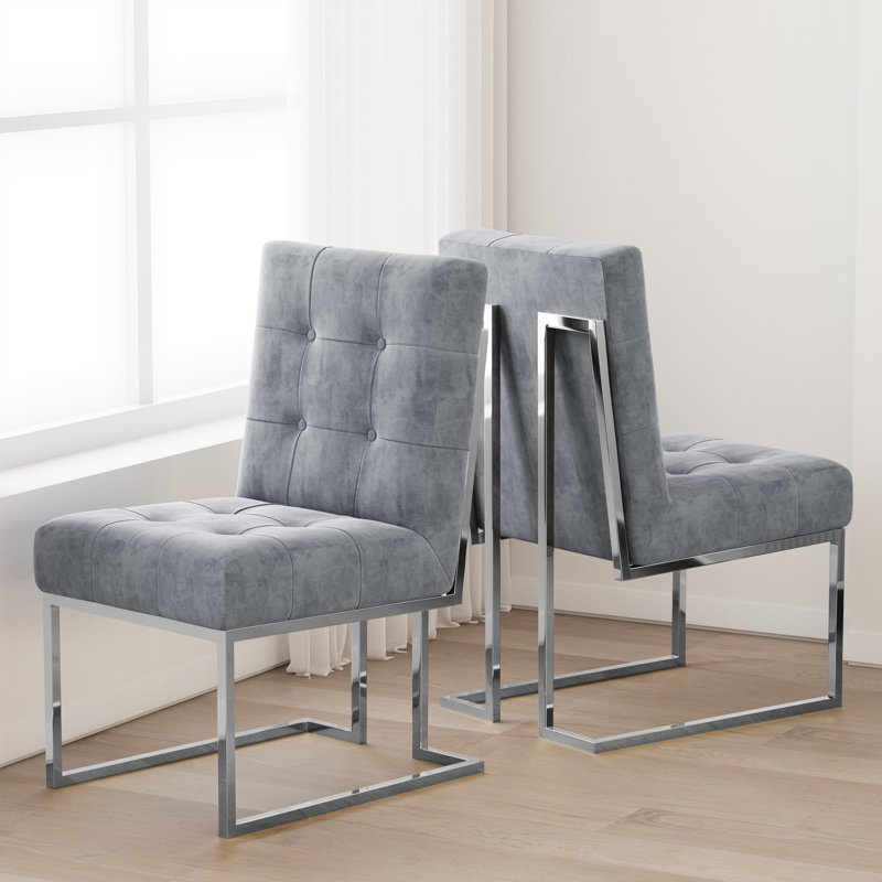 Kushma Tufted Velvet Upholstered Back Side Chair Dining Chair (Set of 2), Gray, Silver
