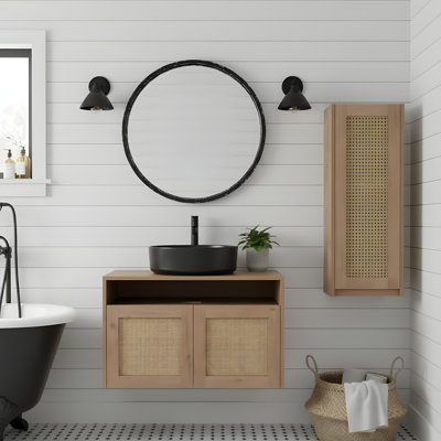 30-inch bathroom vanity with two ceramic sinks and side cabinets