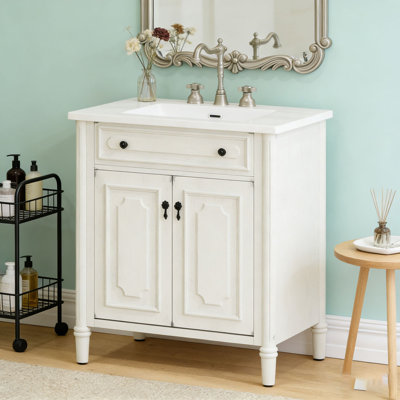 Meuble-lavabo de salle de bain rétro avec lavabo en céramique, armoire de rangement Vintage