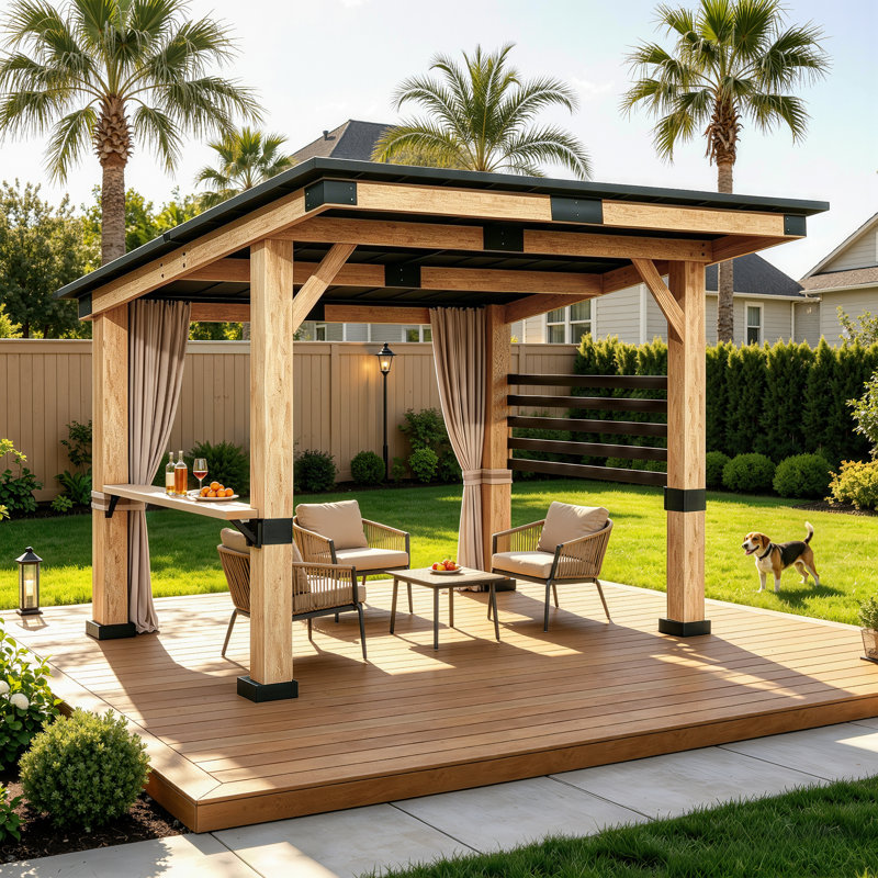 11 Ft X 10 Ft. Reinforced Wooden Hardtop Gazebo Patio Yard Shade with Privacy Curtains  and Solid Wood Bartop