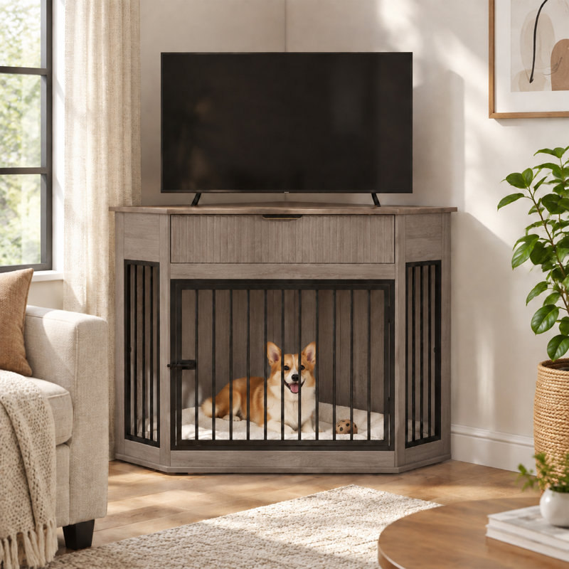 Meuble de coin pour cage de chien en MDF de 44,6 pouces avec tiroir de rangement cannelé pour chiens de petite et moyenne taille