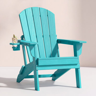 Folding Adirondack Chair, Wood Texture, Cup Holder, All-Weather HDPE for Poolside/Lawn, Aruba Blue