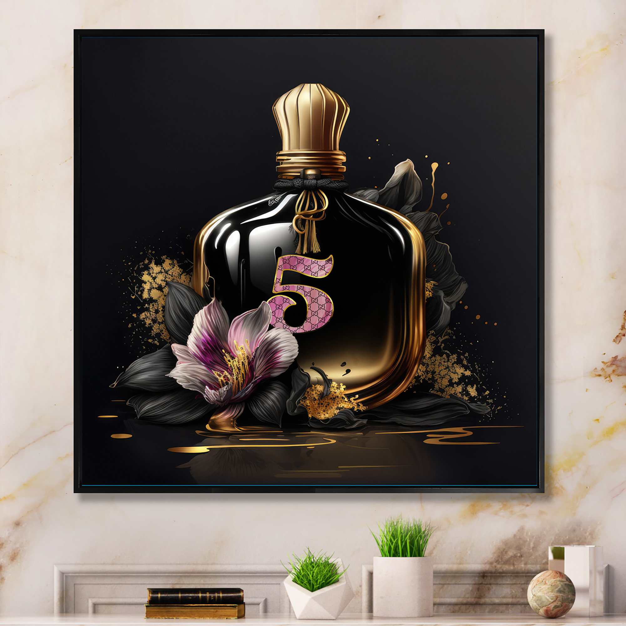 Chic Black and Gold Perfume Bottle VI - Graphic Art on Canvas Design Art Format: Black Floater Framed Canvas, Size: 30 H x 30 W x 1 D