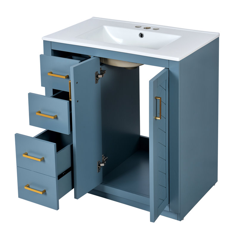 Meuble-lavabo simple 30 po avec comptoir en céramique, Bleu, Doré