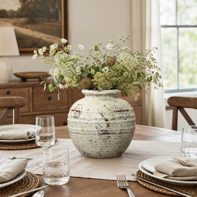 Rustic Round Off-White Distressed Terracotta-Style 10.6'' Tall  Jar Vase