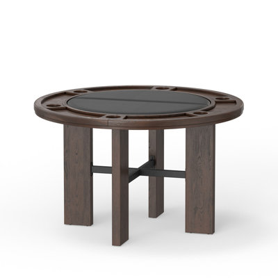 Table ronde 2 en 1 avec fini noyer, insert en similicuir noir, porte-gobelets intégrés et fabrication en bois séché au four pour 4 à 6 joueurs