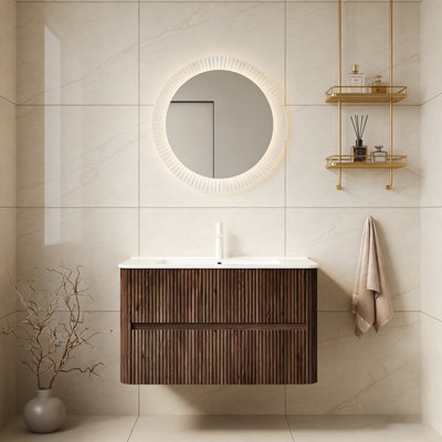 Meuble-lavabo de 36 po avec lavabo, armoire de rangement murale en contreplaqué flottant avec 2 tiroirs, lavabo en céramique blanche, sans robinet, pré-assemblé, couleur grain de bois noyer rétro
