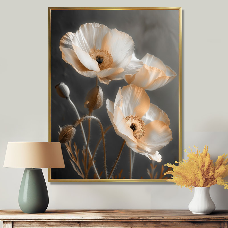 Coquelicots blancs et gris rétro - décoration murale coquelicots, Toile avec cadre flottant or, H 40 po x l 30 po x P 1,5 po