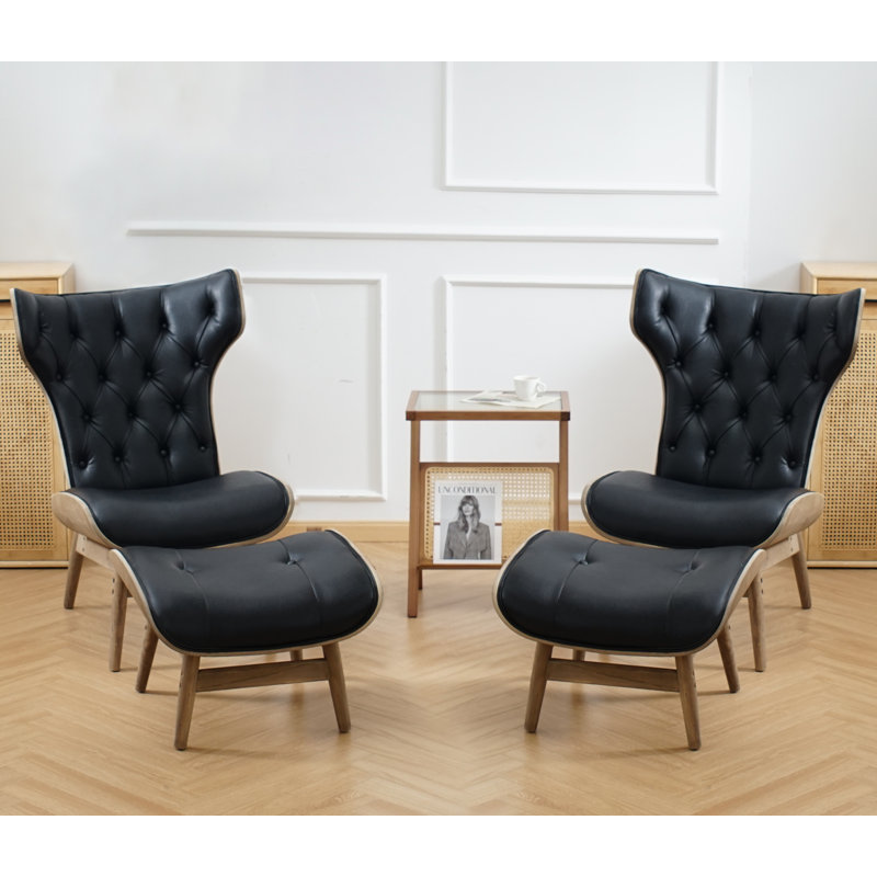 Lexey Upholstered Tufted Lounge Chair and Ottoman, Black Faux Leather