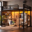 Lit mezzanine double avec tablettes de rangement et bureau, lit mezzanine en métal avec ports USB, lumières et tringle de suspension