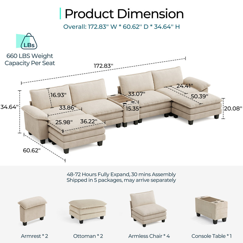 Colbey 172" Oversized Corduroy Cloud U-Shaped Sectional Sofa With Storage End Table, Beige Corduroy