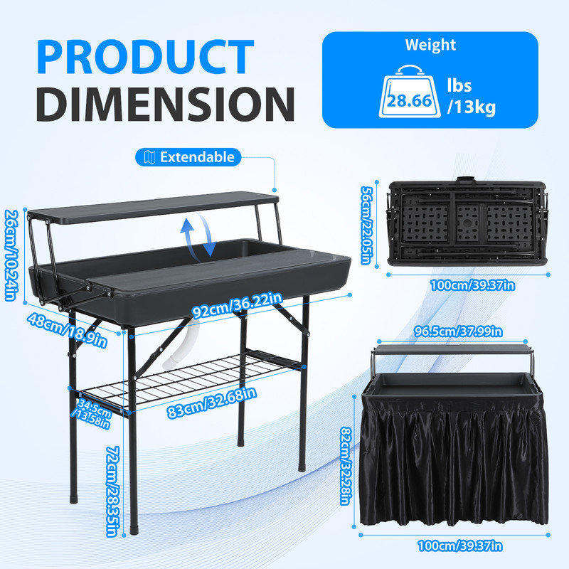 Table de glace pliante, refroidisseur de fête avec drain, table de nettoyage de pêche, table de service avec jupe - noir