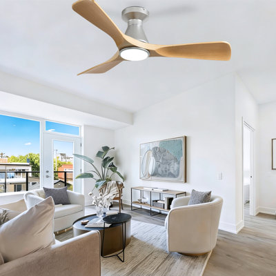 42 Inch Wood 3 Blade Flush Mount Low Profile Ceiling Fan with Lights and Remote, Dimmable Indoor Outdoor Fan with Remote APP Control Quiet DC Motor Timer