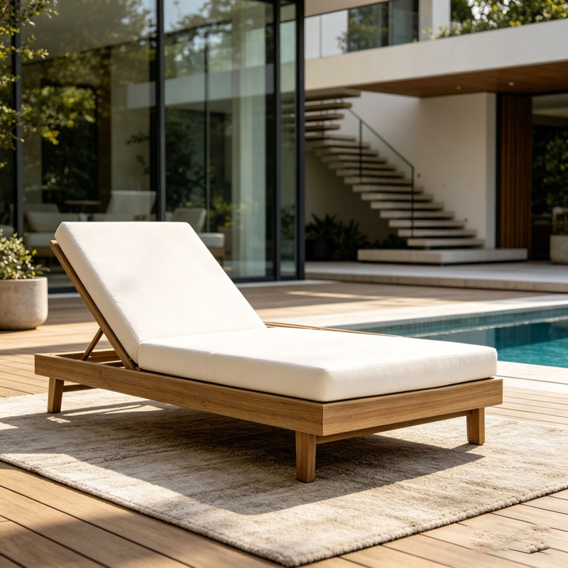 Acacia Wood Lounge Chaise With Water-Resistant Lounge Cushions, Cream & Triple Fold