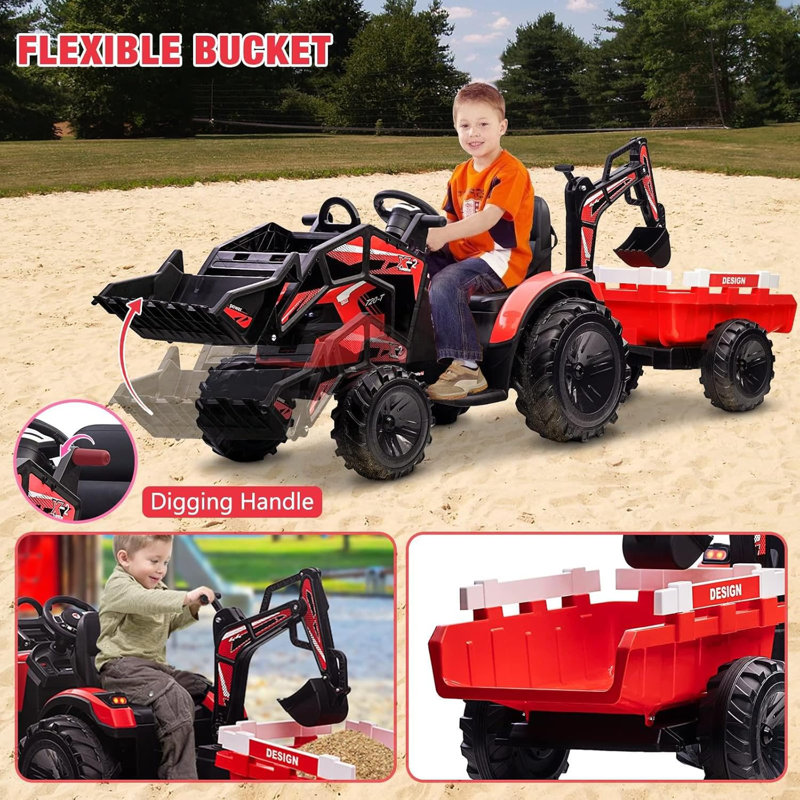 24V Kids Ride On Tractor, Excavator & Bulldozer w/ Trailer, Digger, Shovel Bucket, Remote, LED Lights, Music