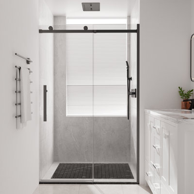 Porte de douche coulissante simple réversible sans cadre de 44 à 48 po x H 76 po avec verre trempé transparent de 3/8 po