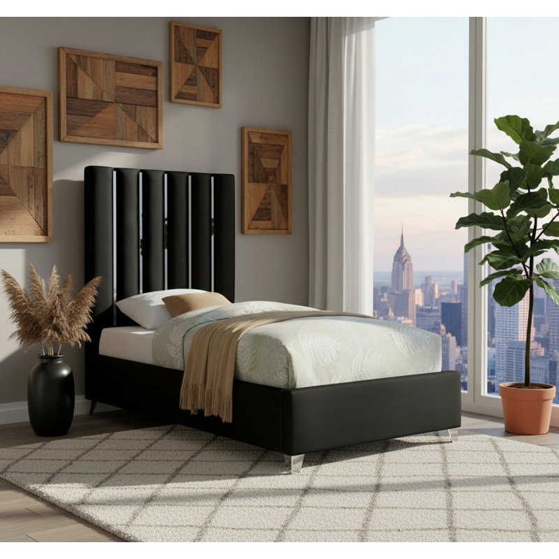 Dietrich Upholstered Platform Bed, Black Velvet, Twin