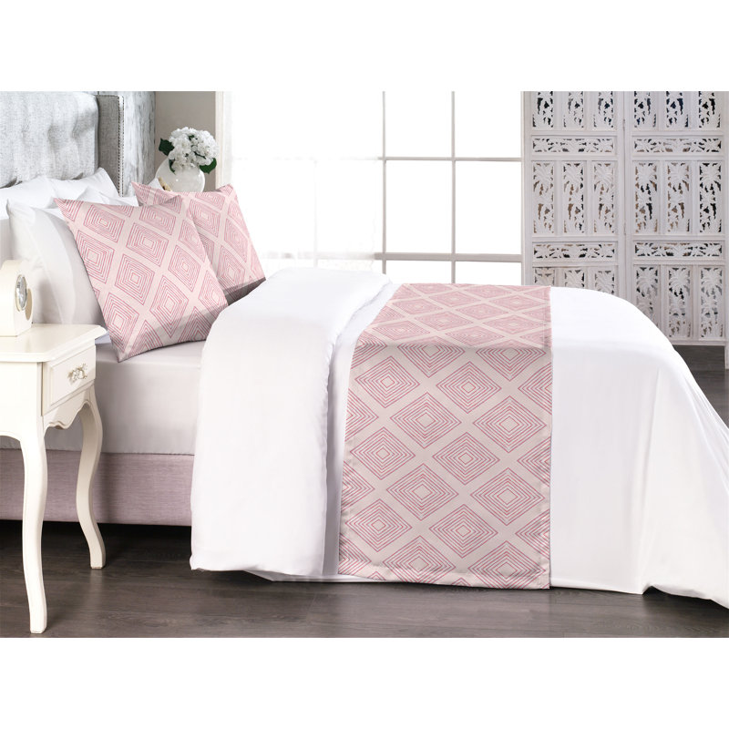 Ambesonne Geometric Bed Runner Set Square Pattern Abstract Rose Pastel Pink, King
