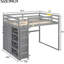 Lit mezzanine double en bois avec garde-robe, tablettes, luminaire suspendu à DEL et tablettes de taille grise